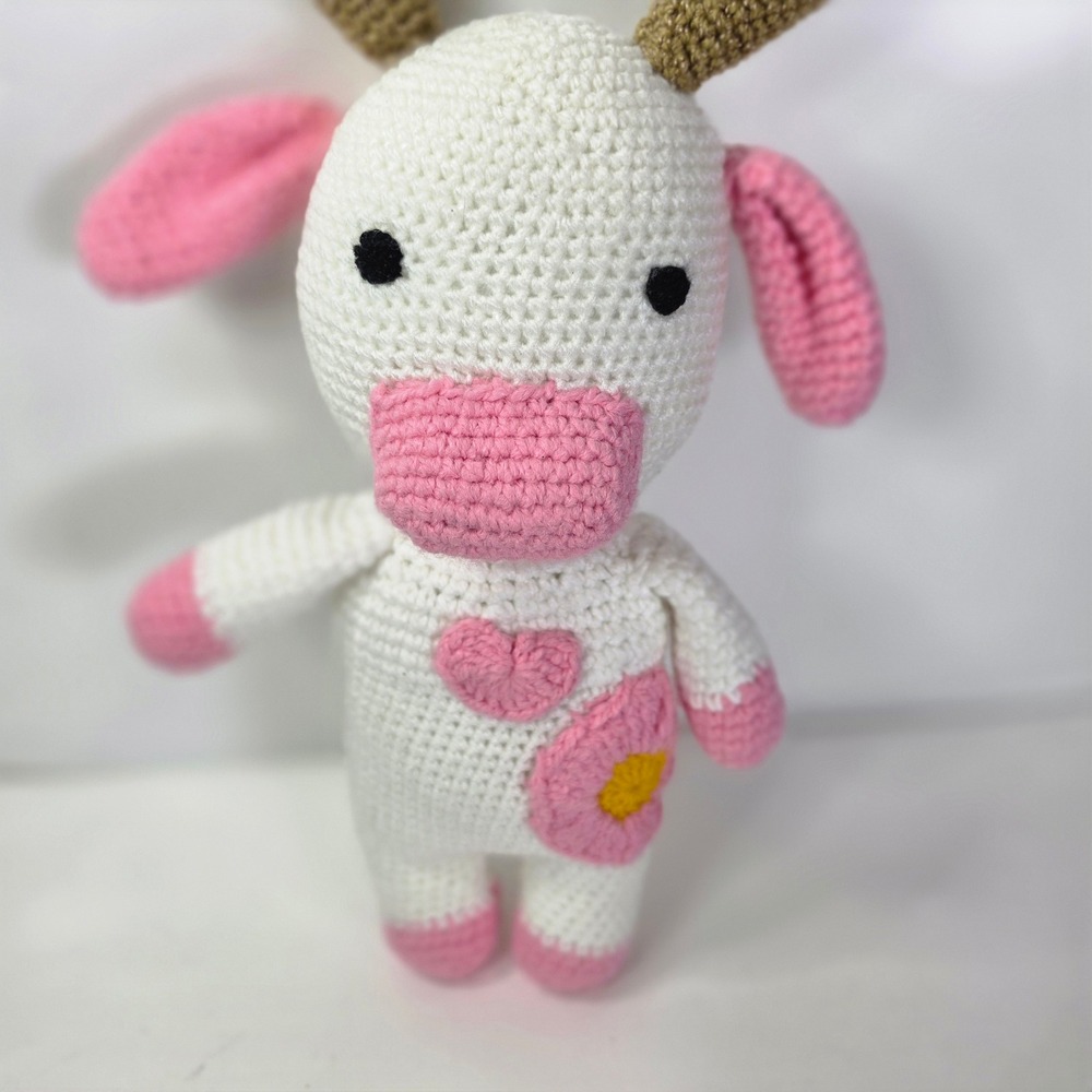 Handmade Crochet Cow Plushie 11" Pink Flower Amigurumi Stuffed Animal Kawaii